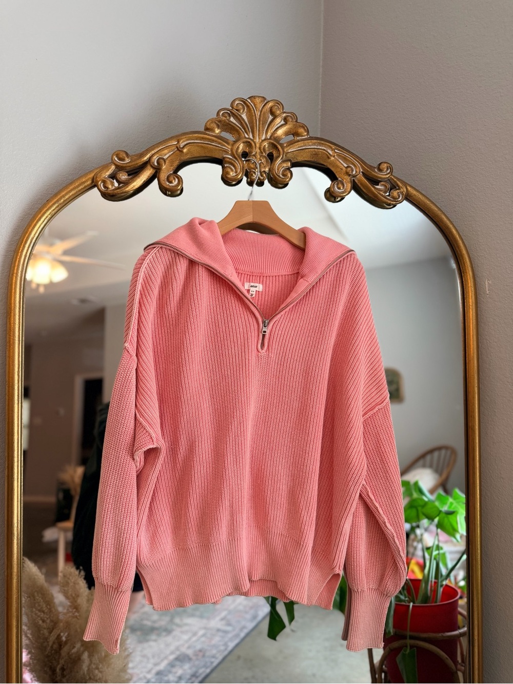 Aerie coral pink ribbed collared sweater small